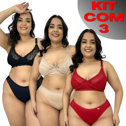 TESTE 1 - Kit Lingerie Plus Size Feminina AURELLY Sem Bojo Renda 3 Unidades